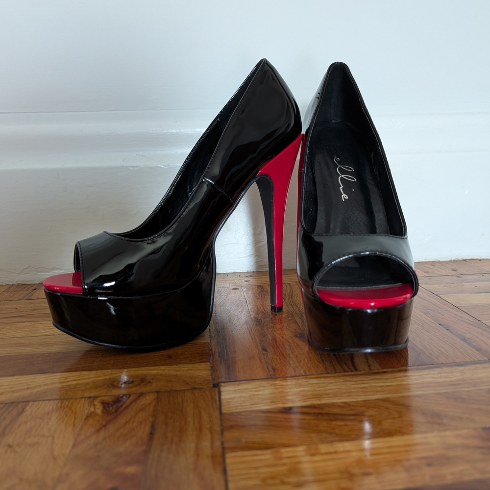 Ellie Glossy Black and Red Platform Heels